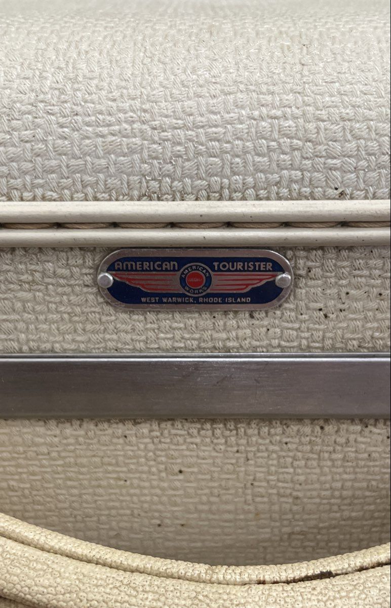 Vintage American Tourister White Hard Shell Suitcase Red Quilted Interior