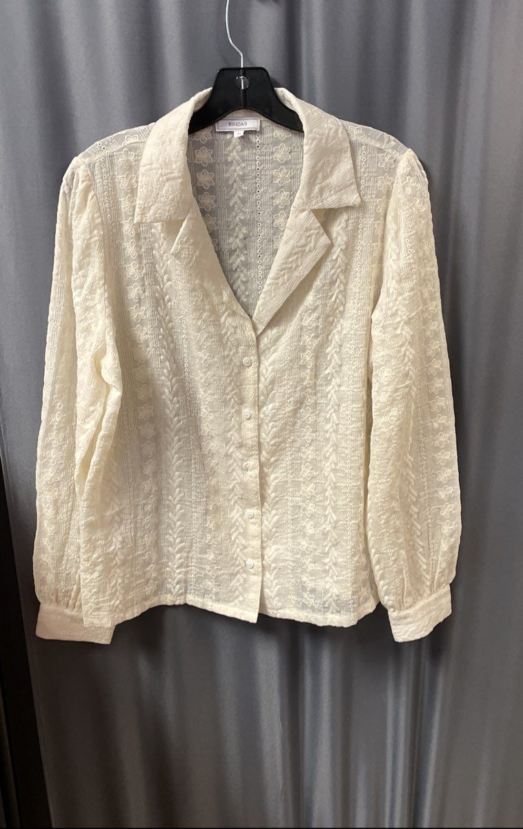 Rihoas Women's Cream Floral Eyelet Lace Embroidered Button Front Blouse Sz M