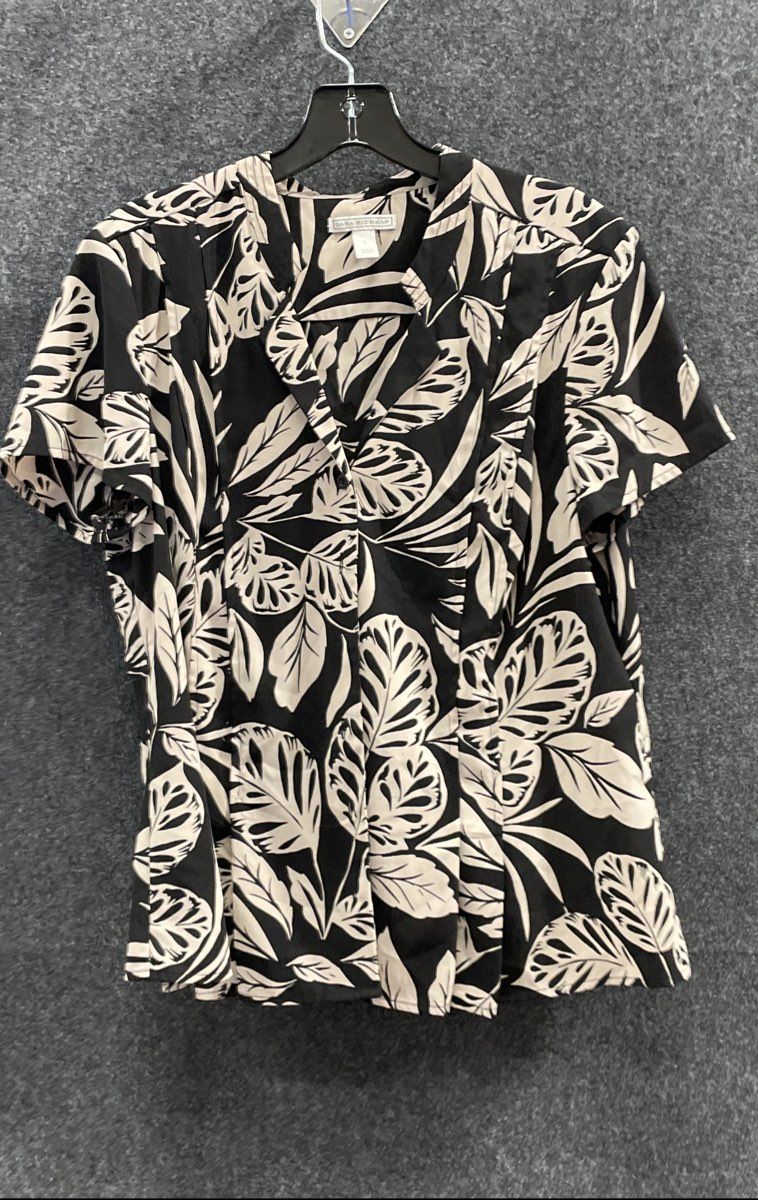 Dana Buchman Women's Black Cream Tropical Palm Leaf Aloha Shirt Blouse Size L