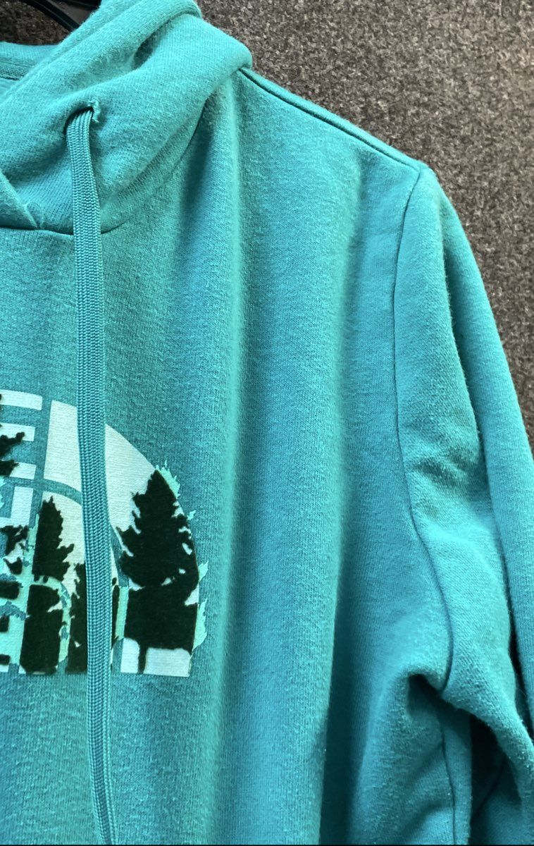 The North Face Teal Blue Graphic Logo Forest Tree Pullover Hoodie Sz S/M