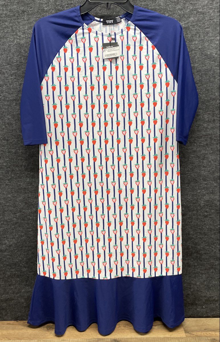 TRY Women's Strawberry Striped Fruit Print Cover Up Ruffled Dress Sz 20 NWT