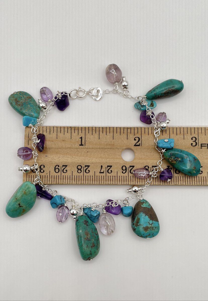 925 Sterling Silver Turquoise & Amethyst Charm Bracelet 16.5g