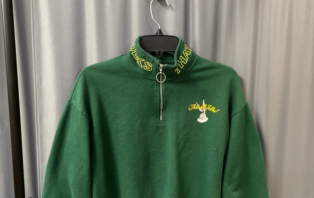 Looney Tunes Green 1/4 Zip Sweatshirt That's All Folks Graphic Sz Small