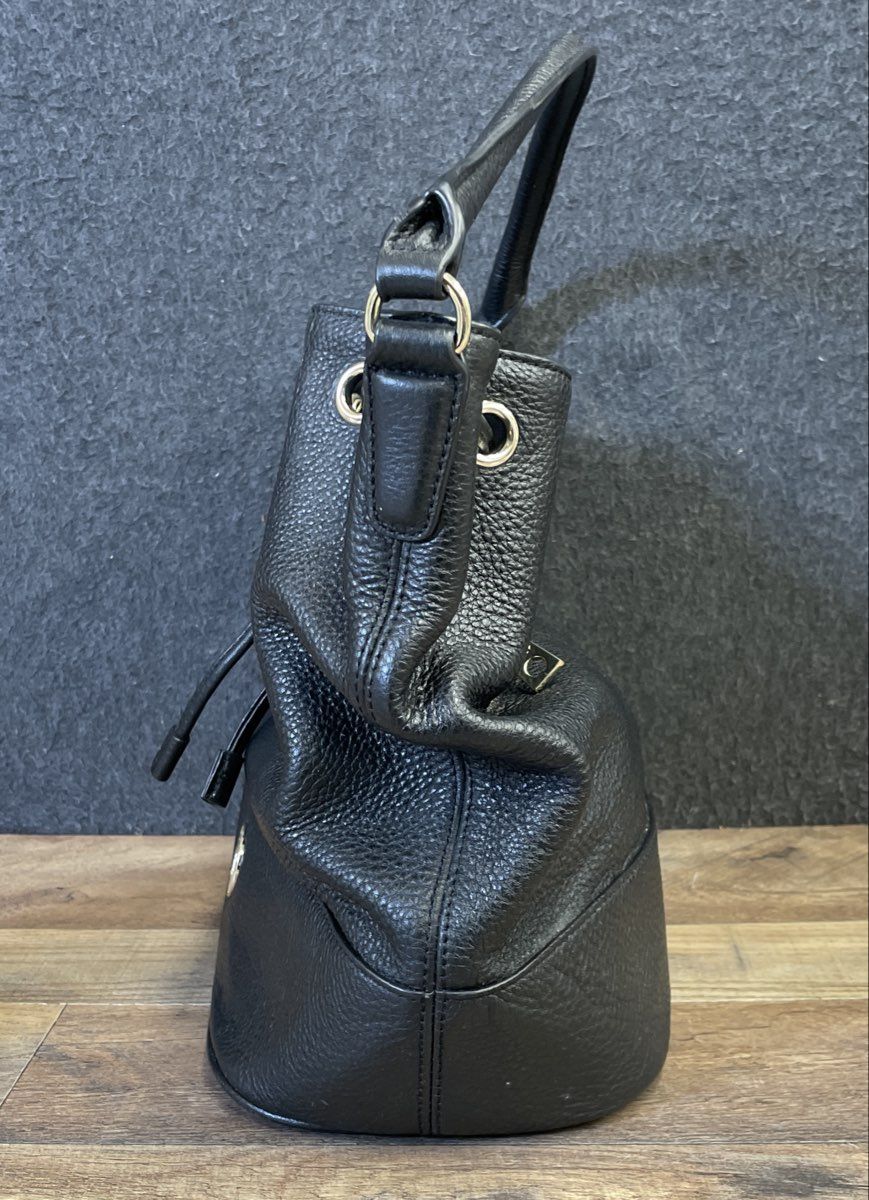 DKNY Black Pebbled Leather Drawstring Bucket Bag Gold Tone Hardware