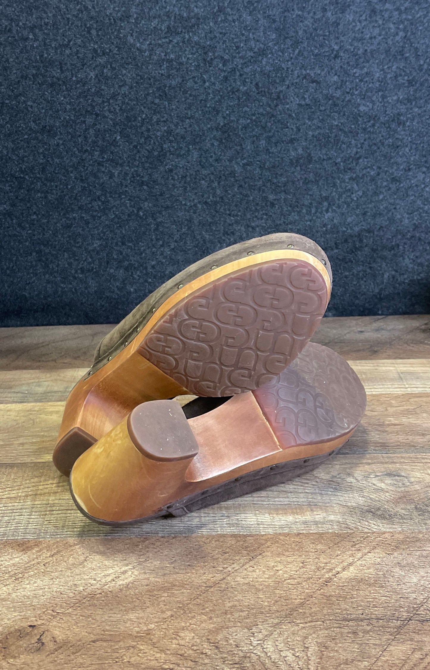 UGG Abbie Brown Suede Wooden Platform Studded Clog Mules Women's Size 9