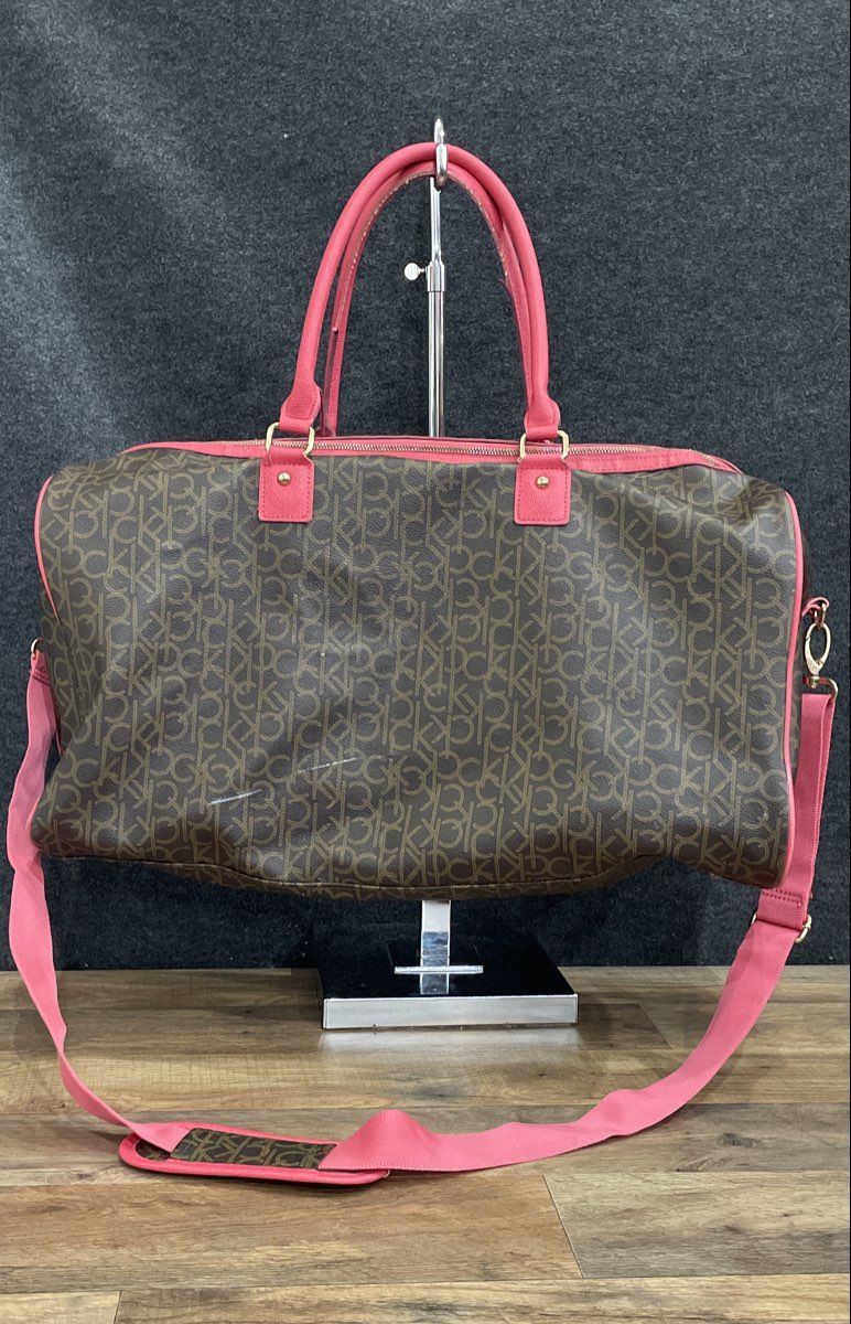 Calvin Klein Brown Pink Monogram Leather Travel Duffle Bag Large Crossbody