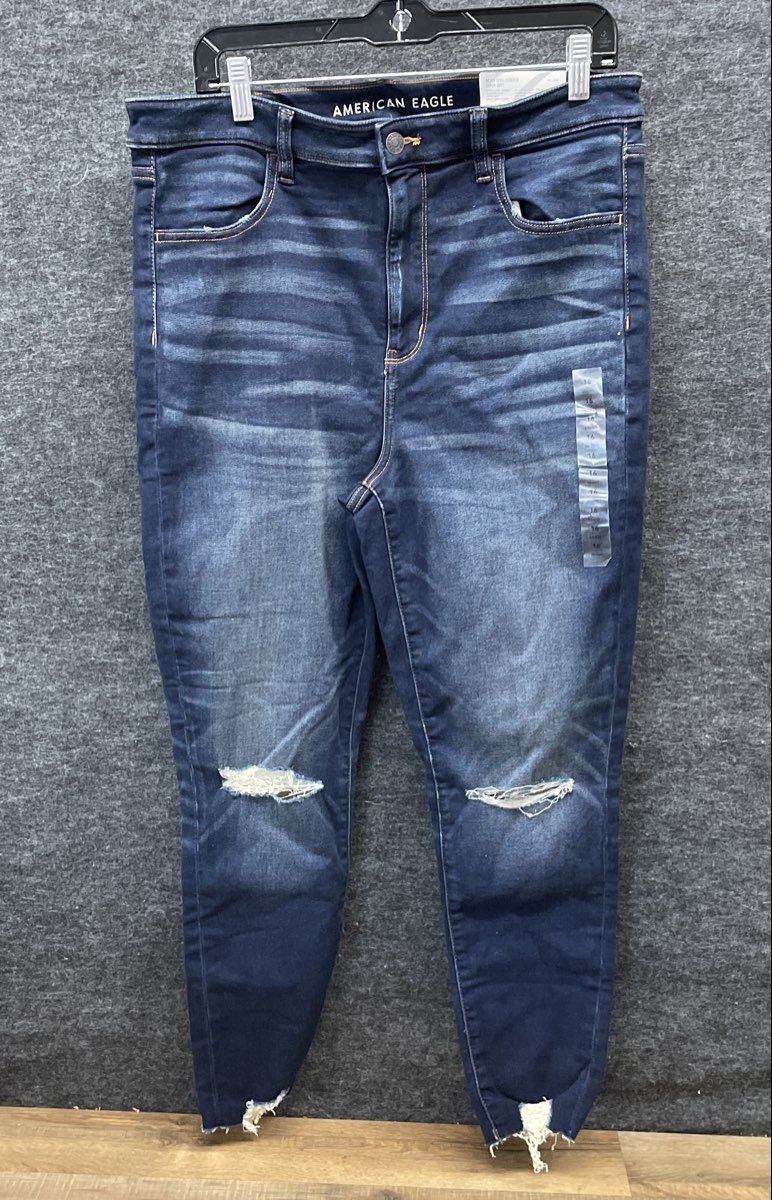 American Eagle Women's Super Hi-Rise Jegging Dark Blue Distressed NWT 16 Short