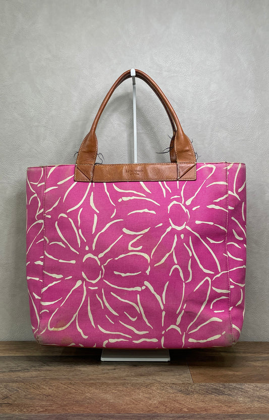 Kate Spade Pink Floral Canvas Tote Bag Brown Leather Trim Large