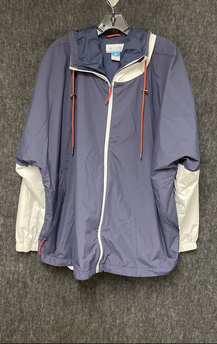 Columbia Women's Navy Blue White Full Zip Hooded Windbreaker Rain Jacket Sz XL