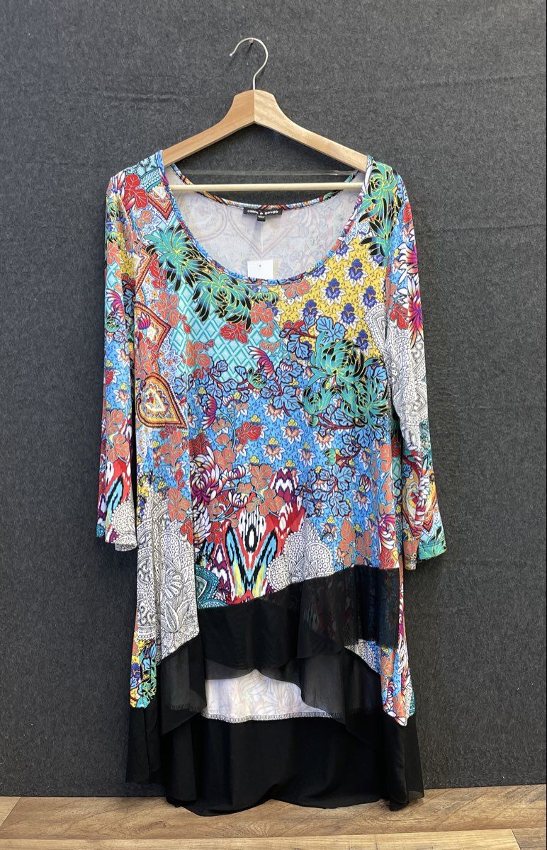 Cable & Gauge Multi-Color Print High-Low Dress Semi Sheer Trim Sz XL NWT