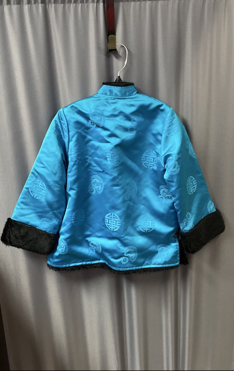 Vintage Hoonine-jib Kids Blue Satin Tang Suit Jacket Faux Fur Trim Size 11 7/8