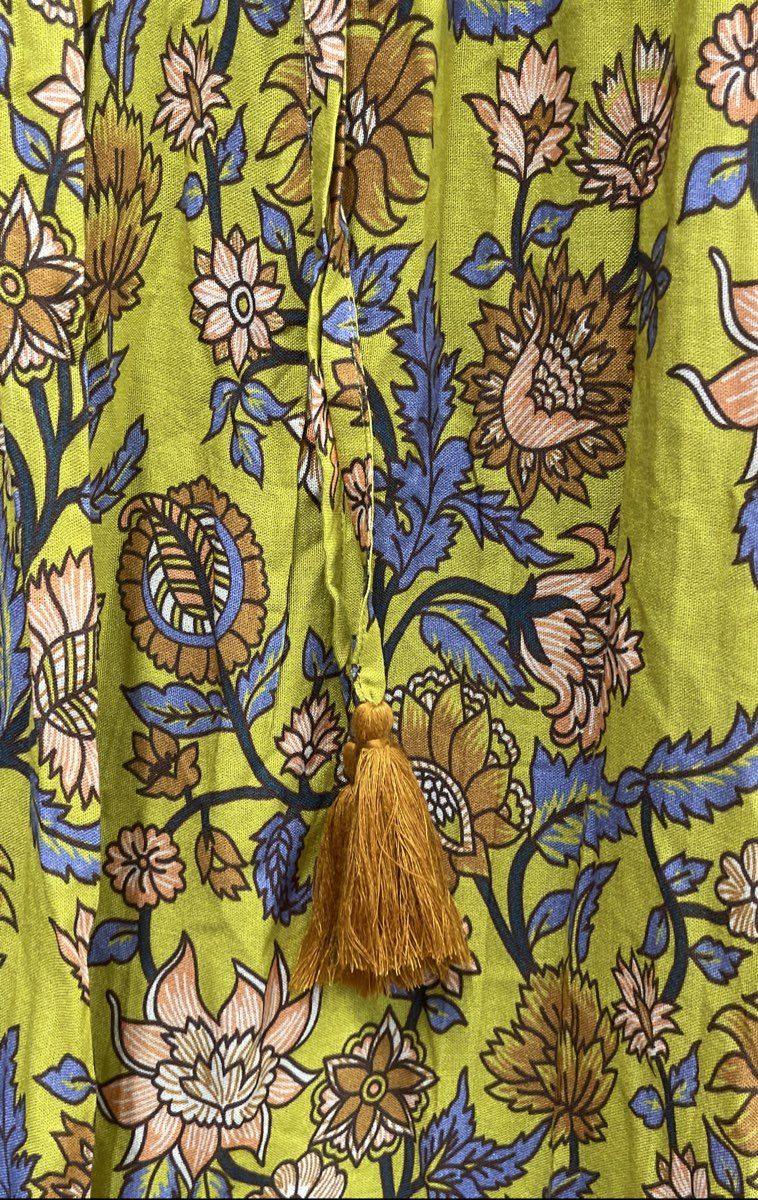 World Market Women's Boho Floral Maxi Dress Yellow Rayon V-Neck Tassel Sz L/XL