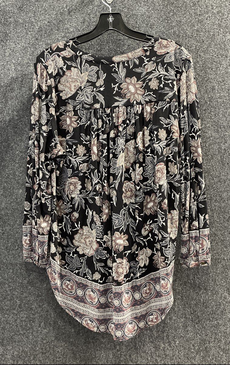 Lucky Brand Women's Black Floral Long Sleeve High Low Henley Blouse Top Size L
