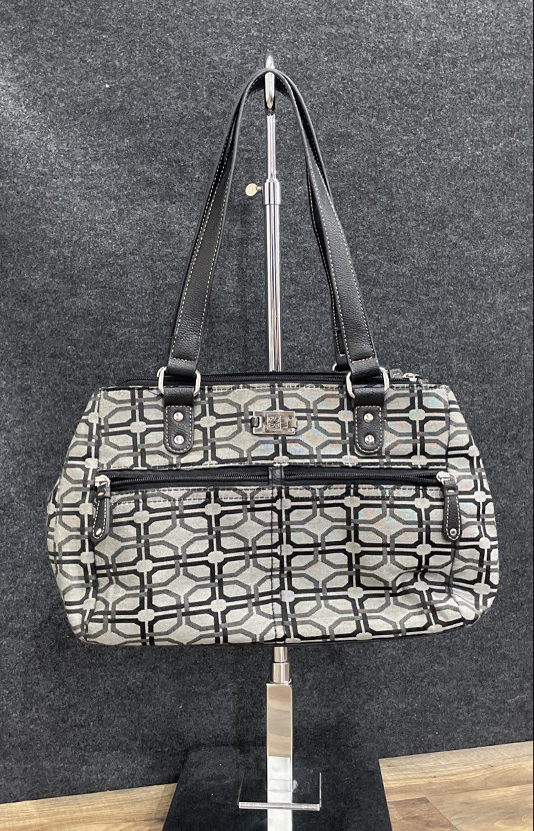 Anne Klein Grey Black Geometric Canvas Shoulder Bag Tote Silver Hardware