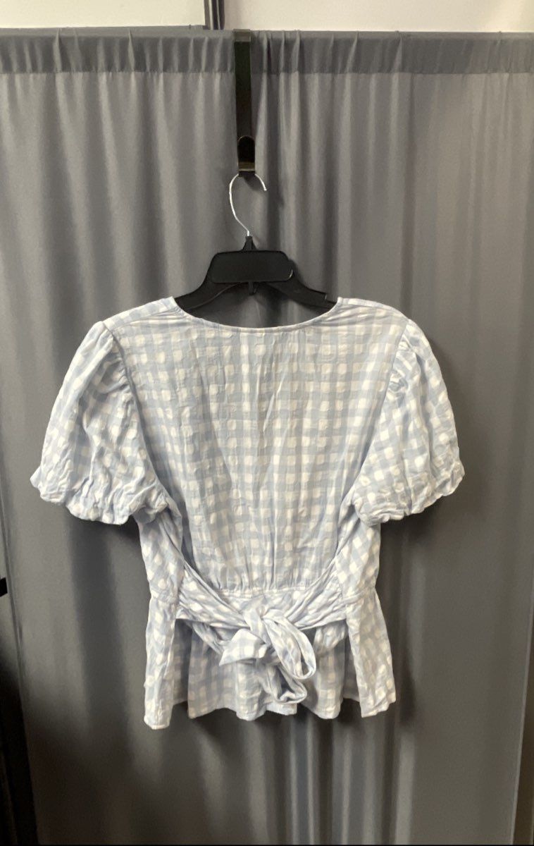 Maeve Anthropologie Women's Blue White Gingham Peplum Tie Back Top Sz 16