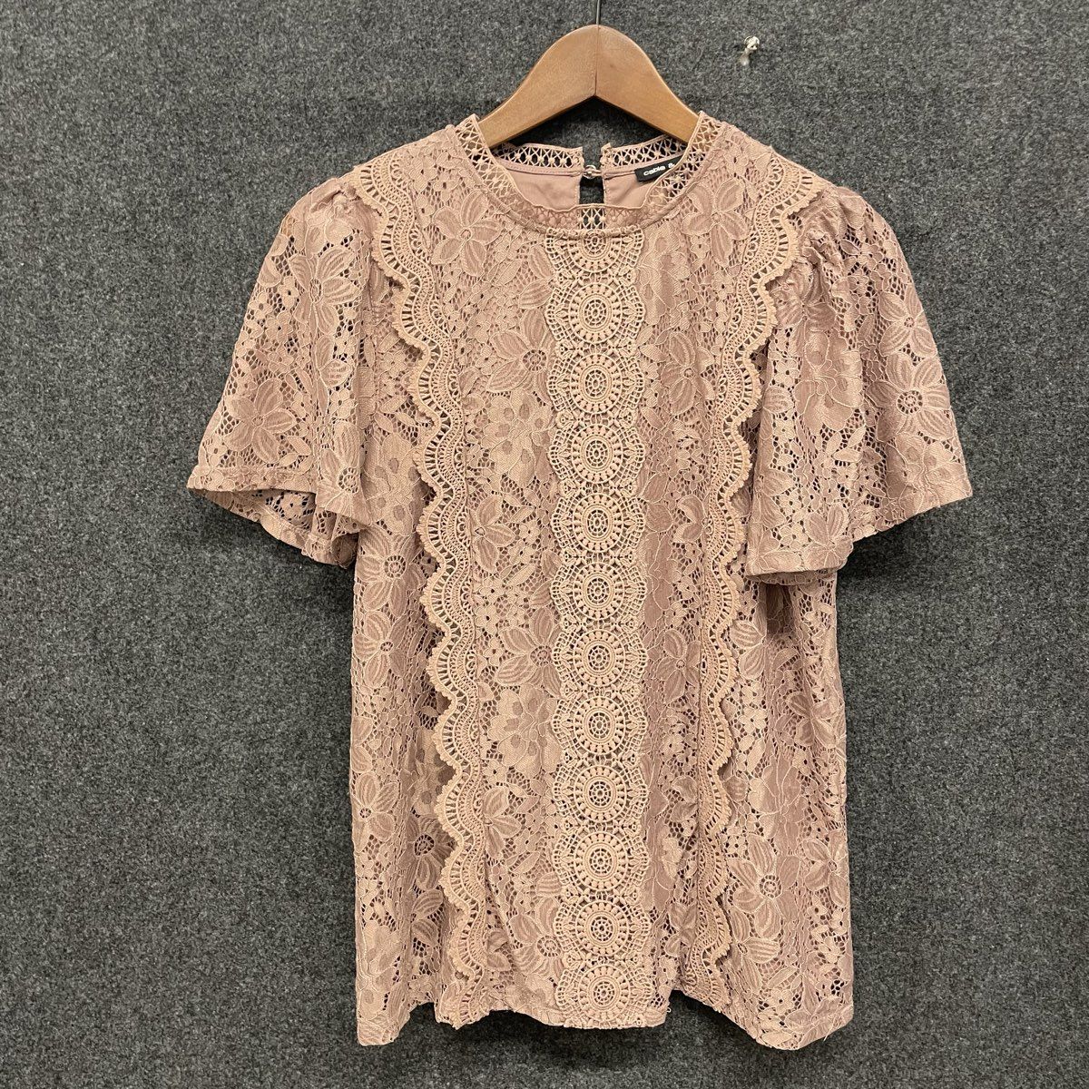 Cable & Gauge Women's Dusty Rose Floral Lace Short Sleeve Blouse Mock Neck Sz M