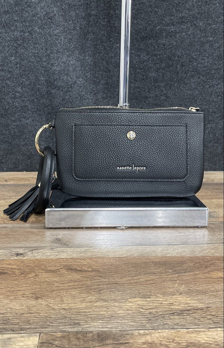 Nanette Lepore Black Pebbled Leather Bangle Money Bag Pouch Gold Tone