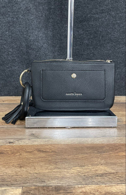 Nanette Lepore Black Pebbled Leather Bangle Money Bag Pouch Gold Tone