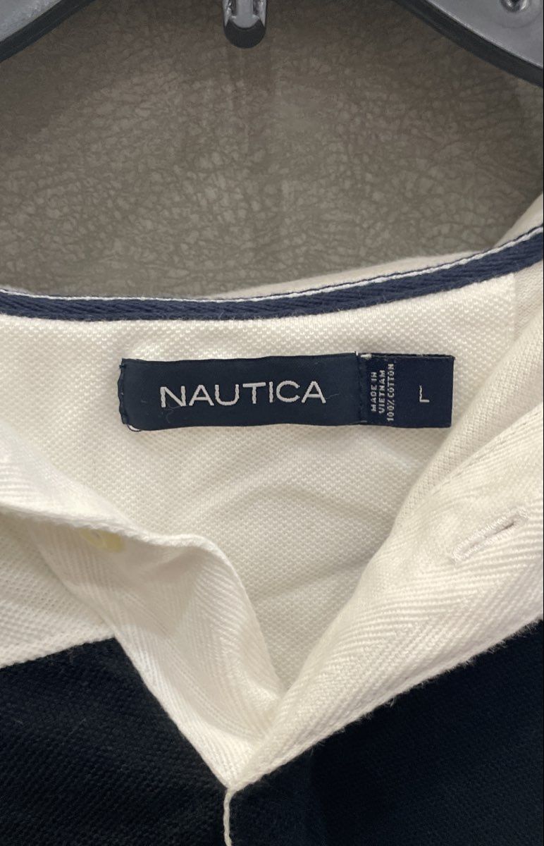 Nautica Men's Short Sleeve Polo Shirt White Navy Blue Chest Stripe Size L