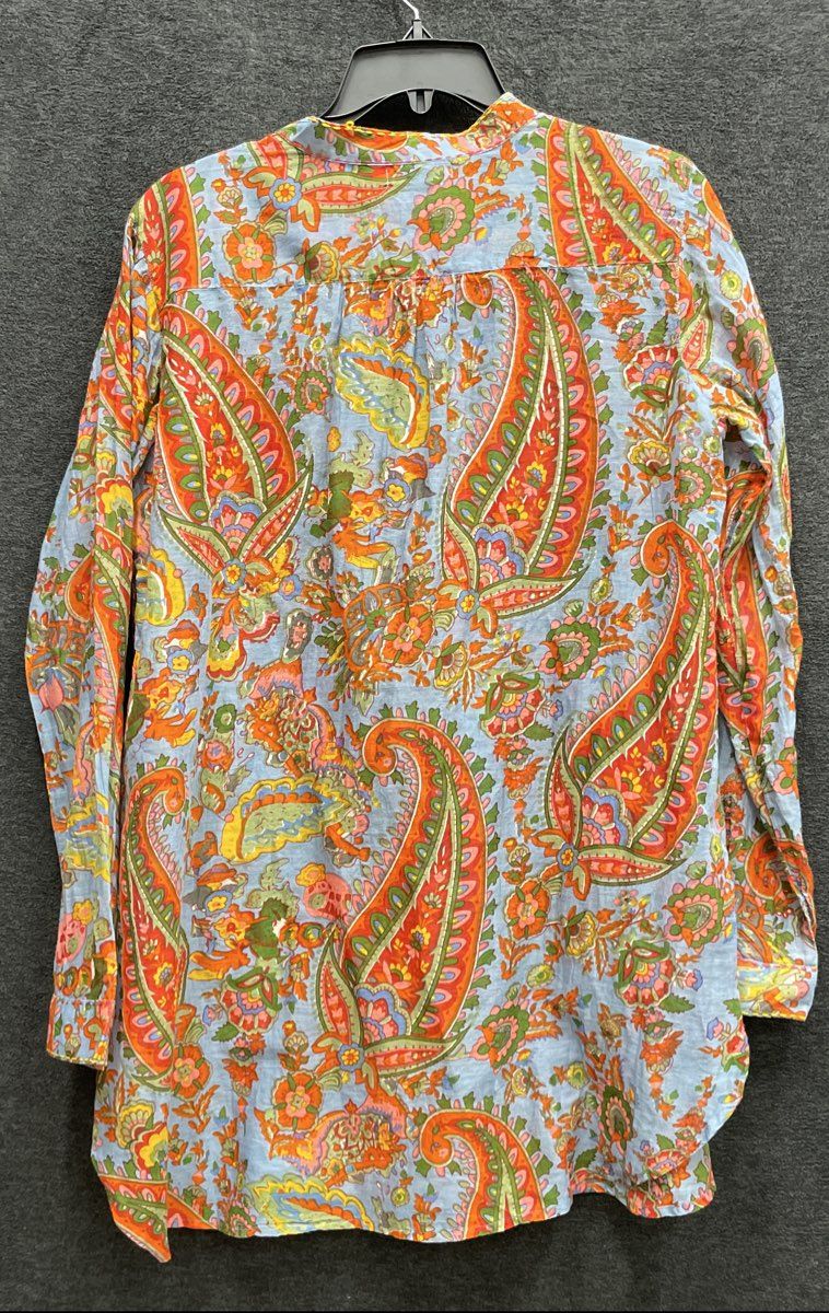 Dolma Women's Blue Multicolor Paisley Cotton Long Sleeve Tunic Blouse Size M