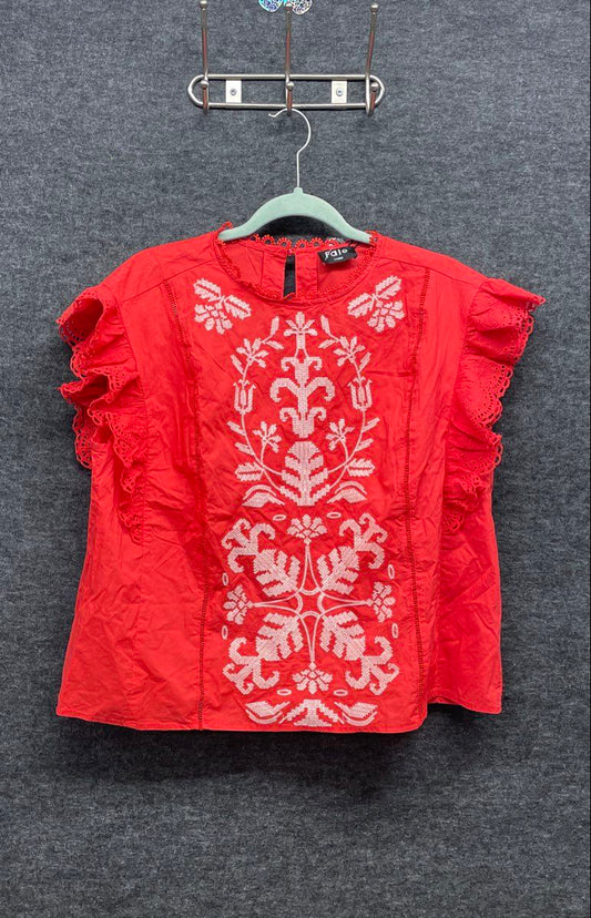 Falo Women's Red Imogen Top Embroidered Eyelet Ruffle Sleeve Blouse NWT Sz L