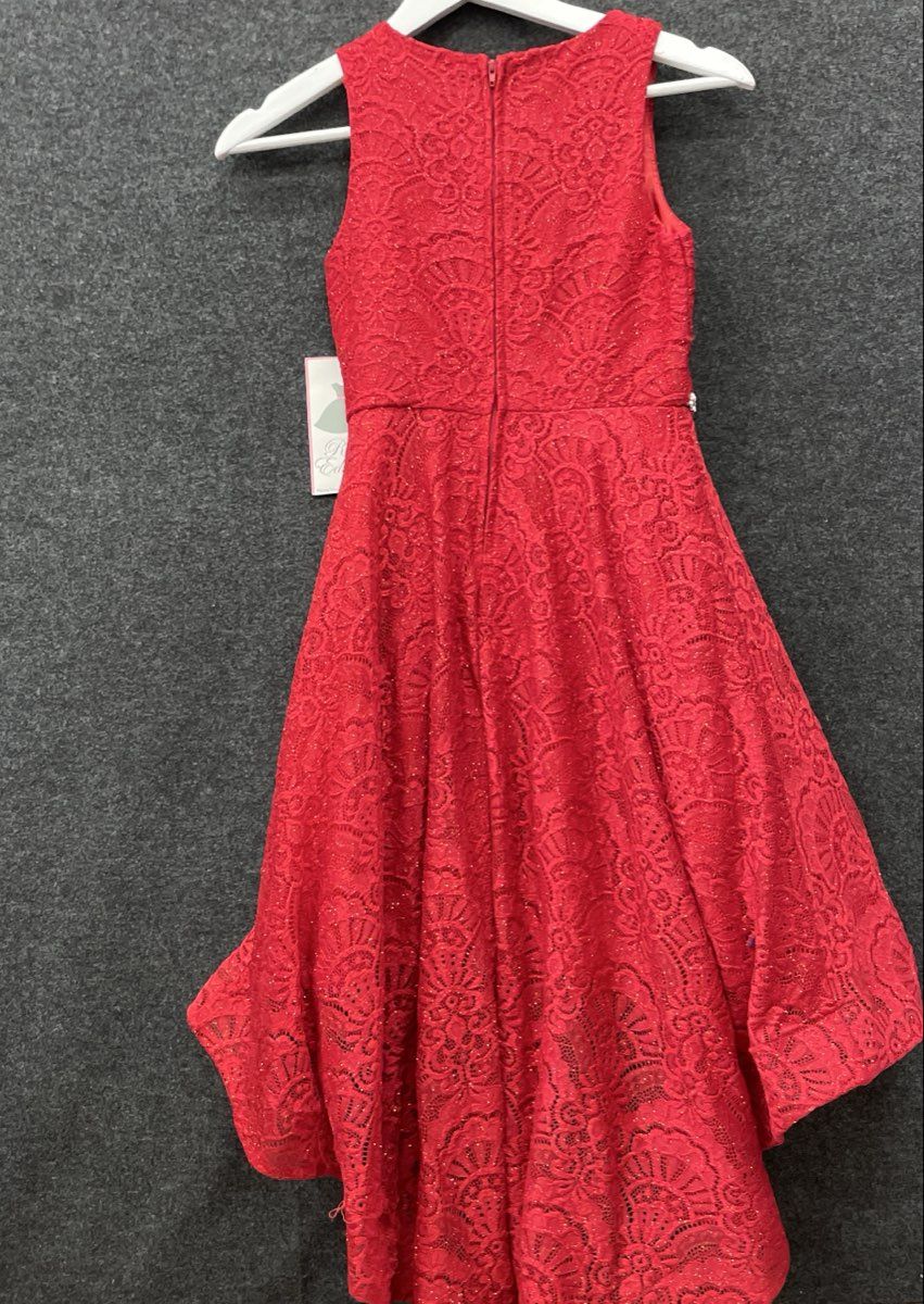 Rare Editions Girls Red Lace High-Low Formal Party Dress Rhinestone Belt NWT 10