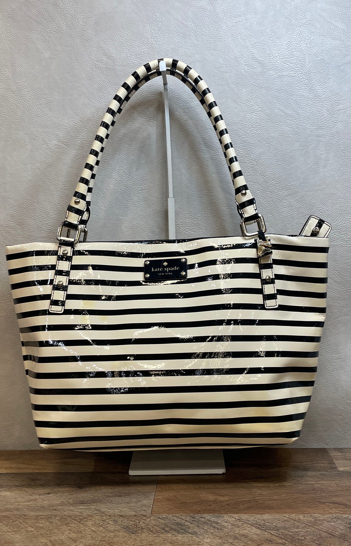 Kate Spade Black White Striped Patent Leather Large Tote Diaper Bag Silver
