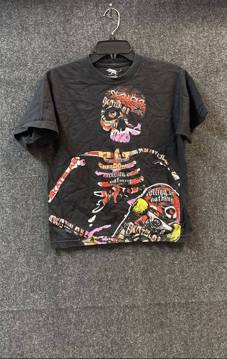 Skate Lab Skeleton Graffiti Graphic T-Shirt Black Youth Sz L 10/12