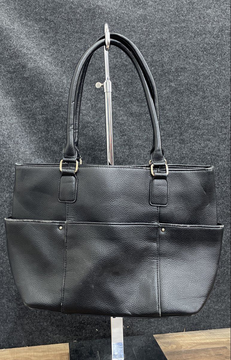 Signature Black Leather Pebbled Tote Bag Large Gold Hardware Side Pockets