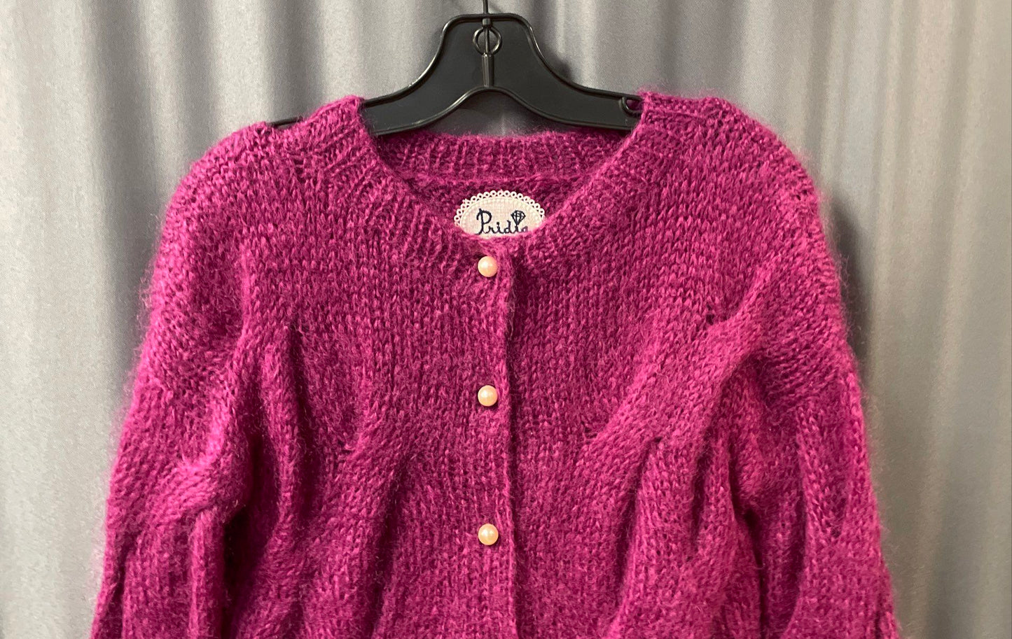 Pridia Women's Fuschia Mohair Wool Cable Knit Pearl Button Cardigan Size M