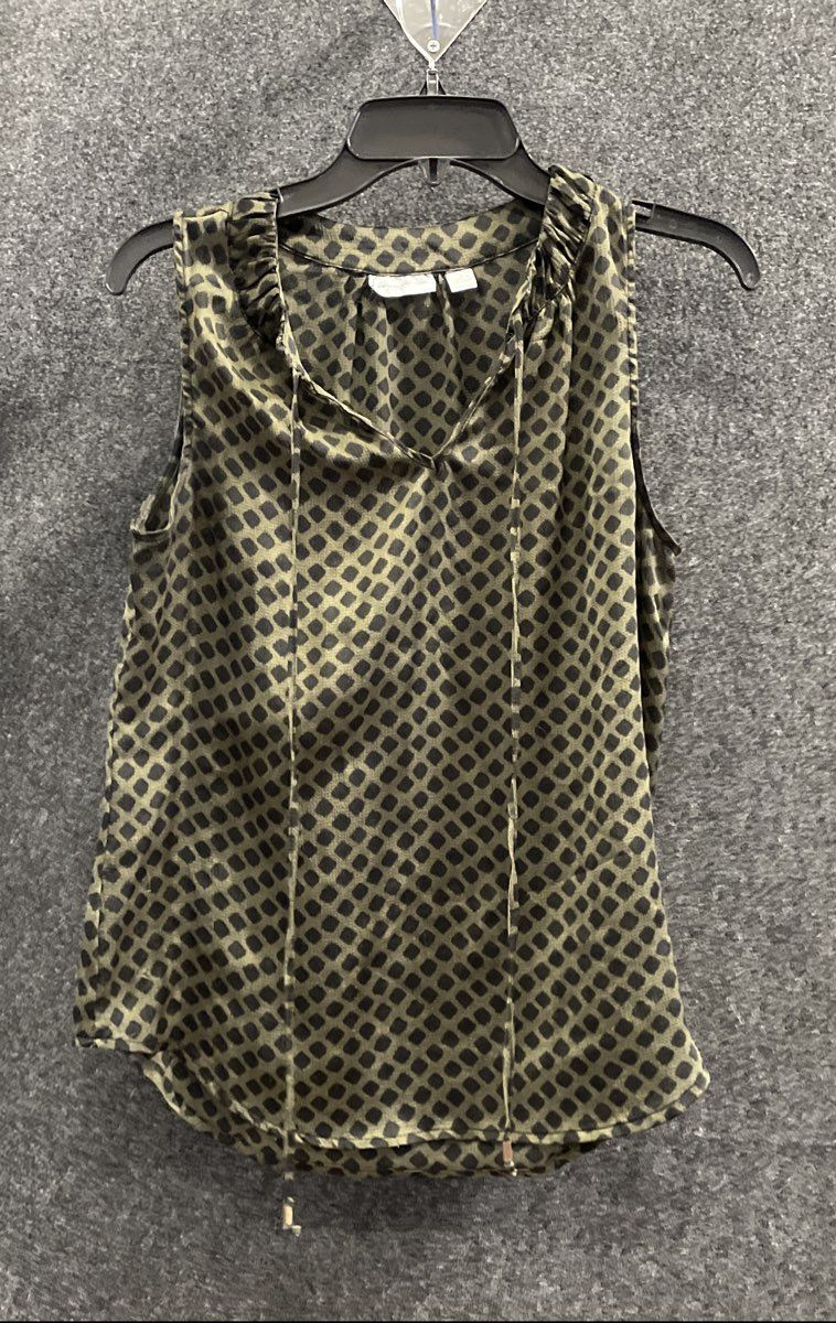 New York & Company Women's Green Geometric Sleeveless Tie Neck Blouse Sz S