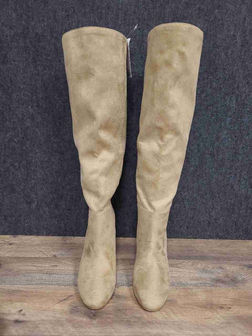 H&M Beige Faux Suede Knee High Block Heel Boots Women's Size 38 US 7.5