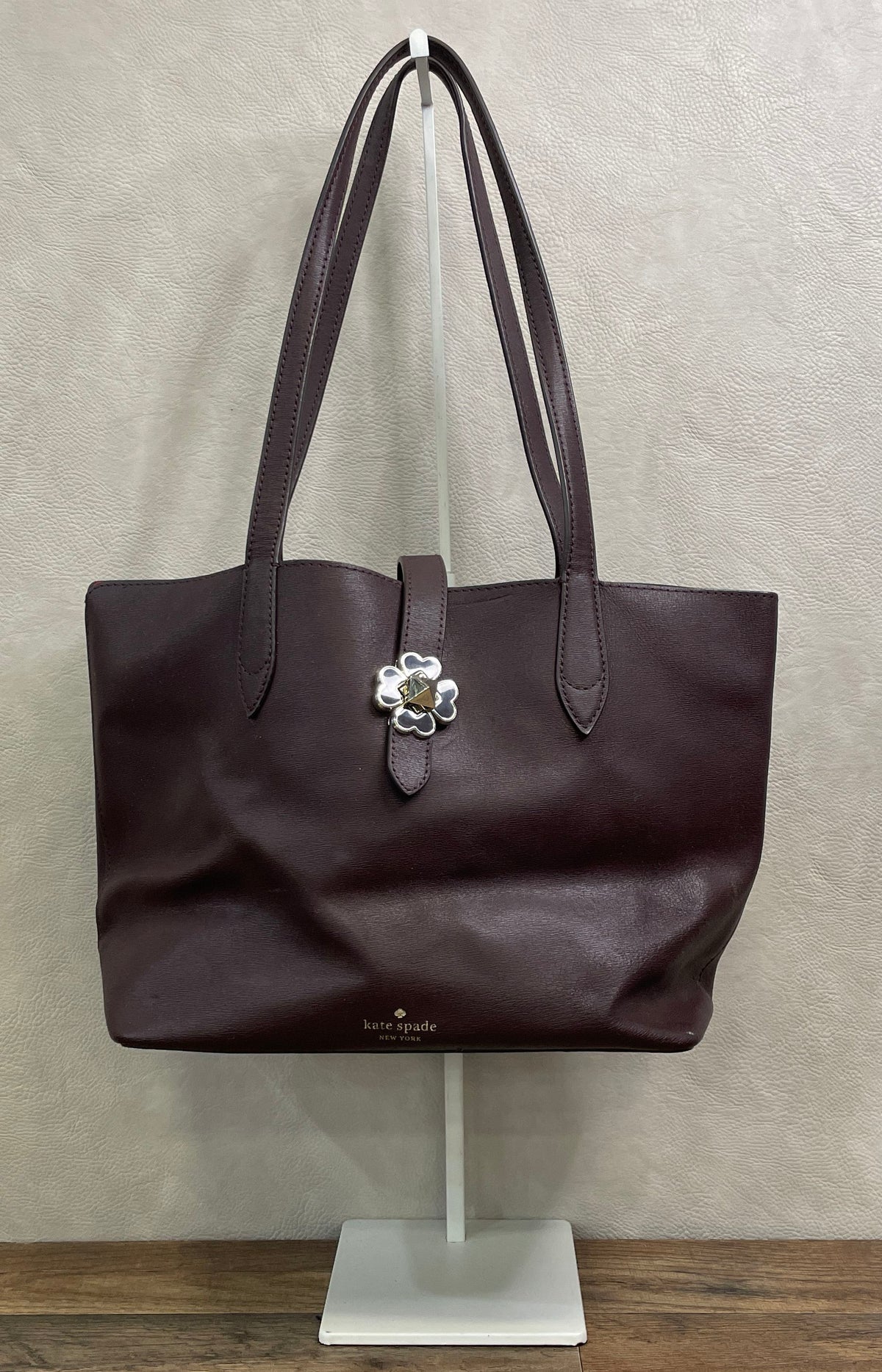Kate Spade Burgundy Leather 4 Heart Clover Clasp Tote Bag Shoulder Bag