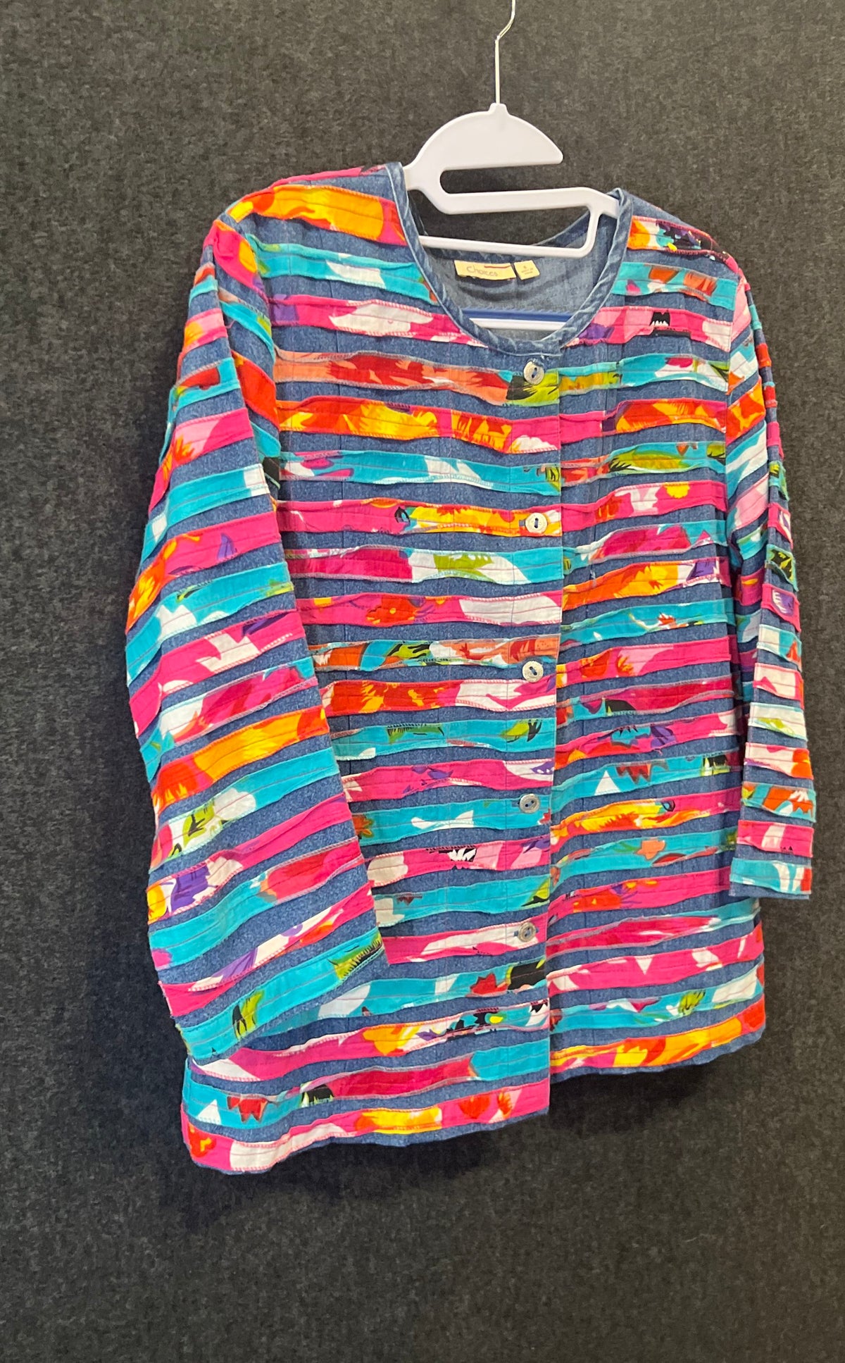Choices Women's Multicolor Rainbow Striped Patchwork Button Front Shirt Sz S