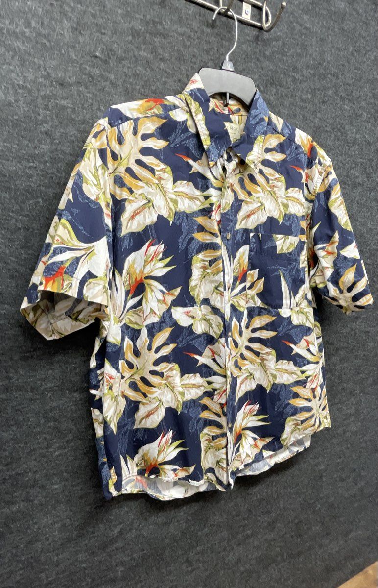Vintage Y2K Crossings Men's Navy Blue Floral Bird of Paradise Cotton Shirt Sz L