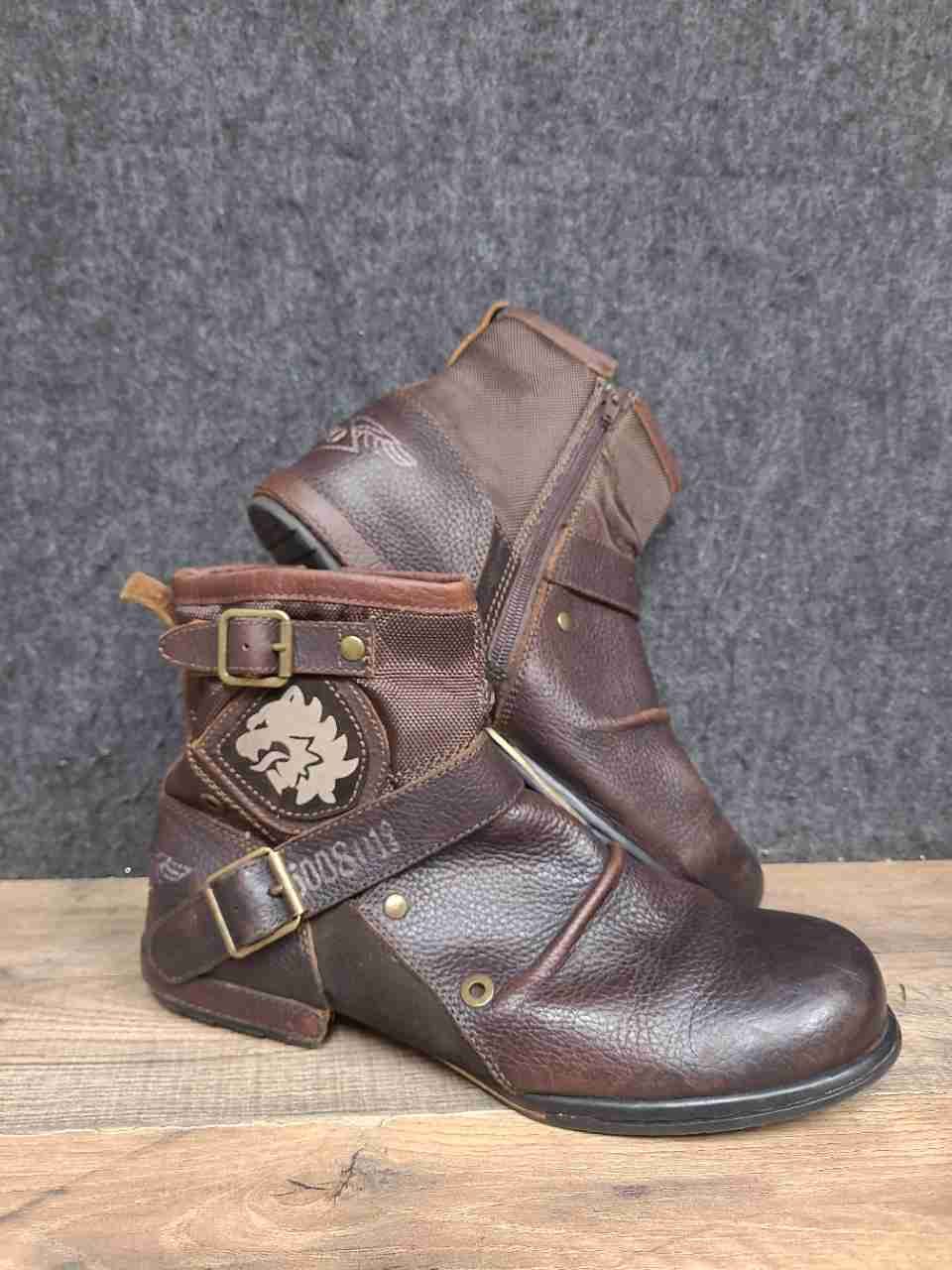 Otto JY5008-1 Brown Leather Textile Biker Motorcycle Ankle Boots Size 10