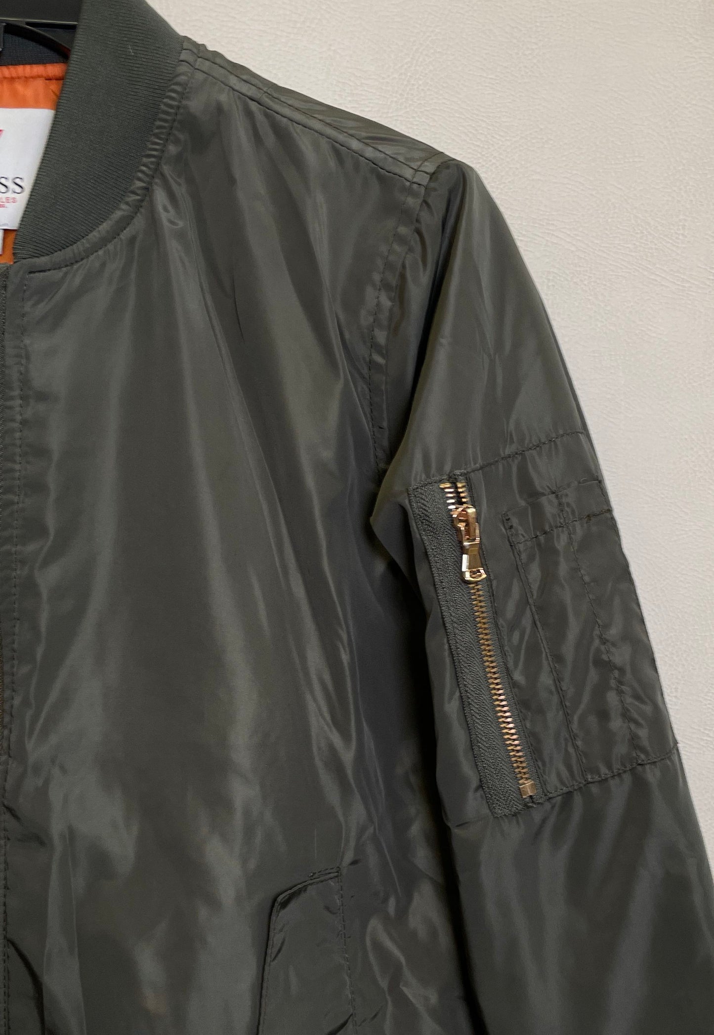 Guess Women's Olive Green Bomber Jacket Orange Lining Flight Full Zip Sz XS
