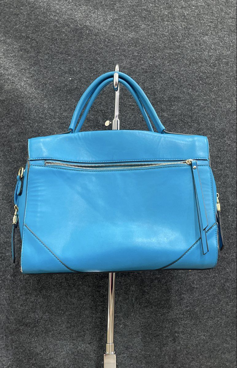 Unbranded Blue Leather Satchel Tote Handbag Large Gold Hardware 19x14