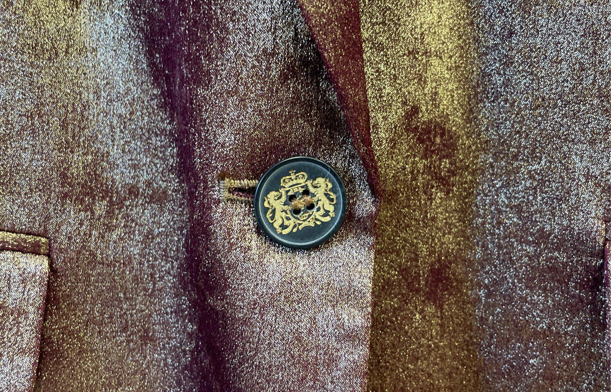 Bar III Women's Blazer Metallic Gold Burgundy Distressed Crest Button Sz 6
