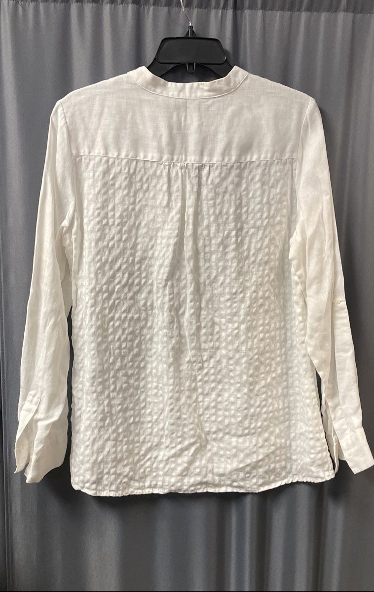 Charter Club Women's White Linen Blouse Roll Tab Sleeve Textured Back Size M