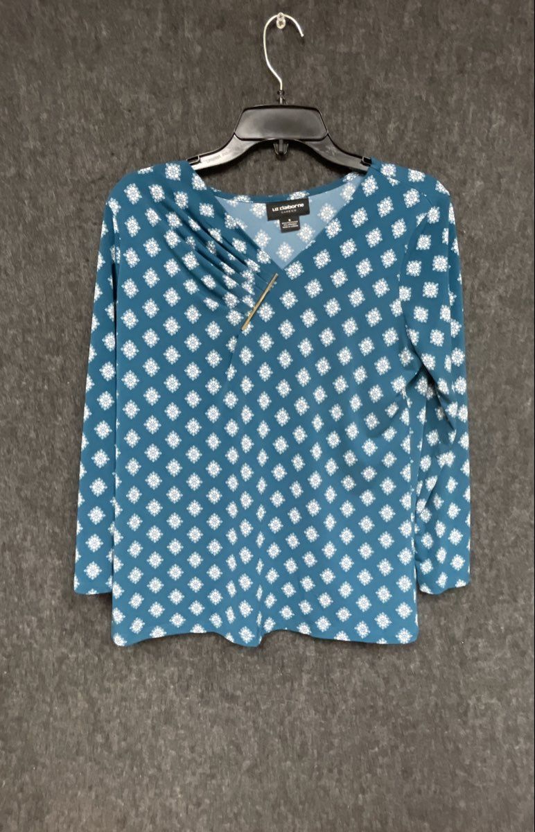 Liz Claiborne Women's Teal Medallion Pleated Gold Bar Accent Top Sz S