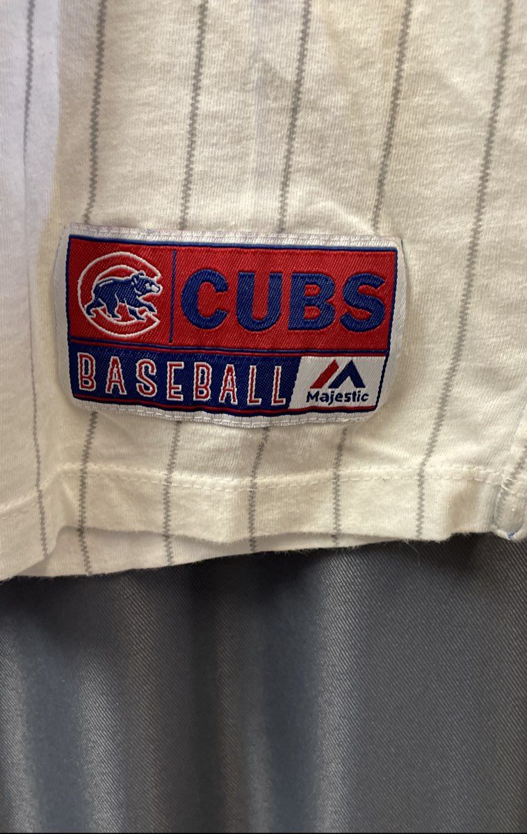 Majestic Women's Chicago Cubs T-Shirt White Blue Pinstripe V-Neck Raglan Sz S