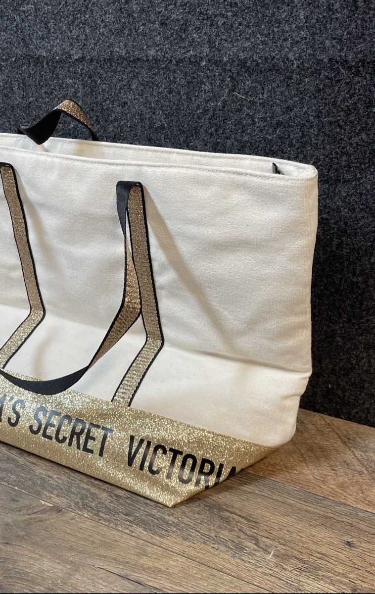 Victoria's Secret Cream Gold Glitter Canvas Large Tote Shoulder Bag Handbag NWT