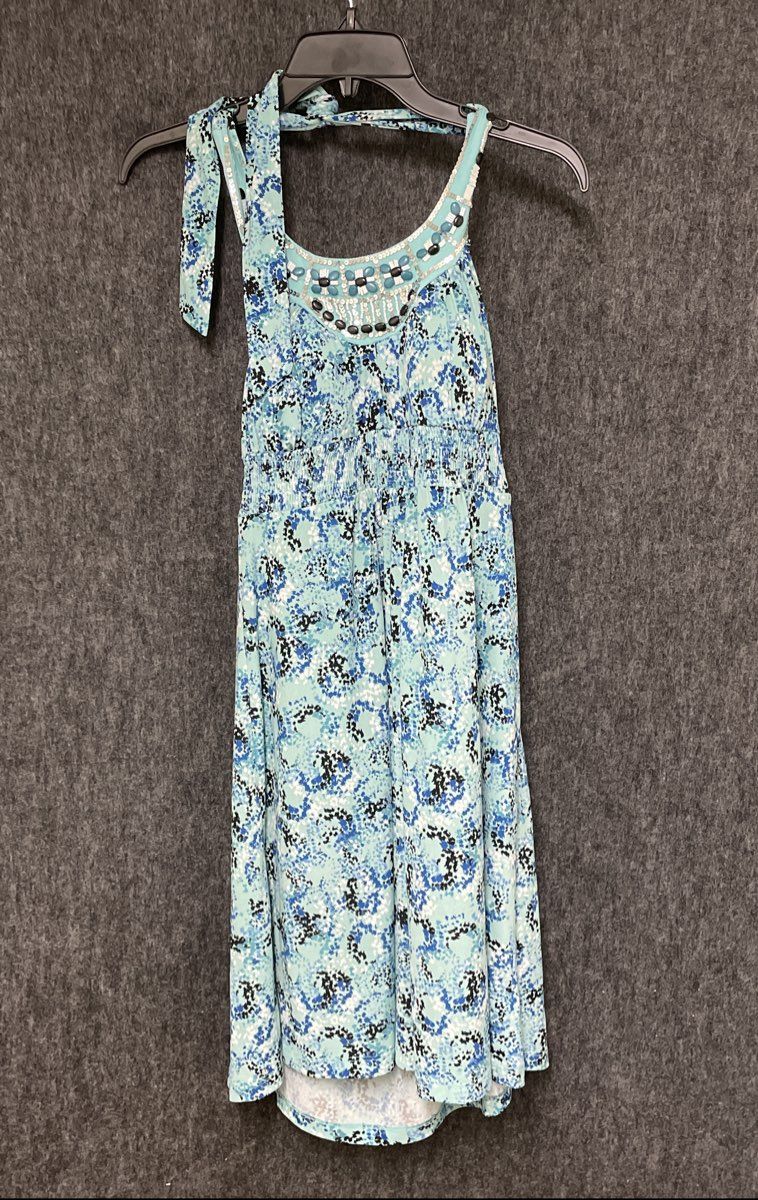 Candie's Women's Blue Black Patterned Halter Dress Sequin Beaded Neckline NWT L
