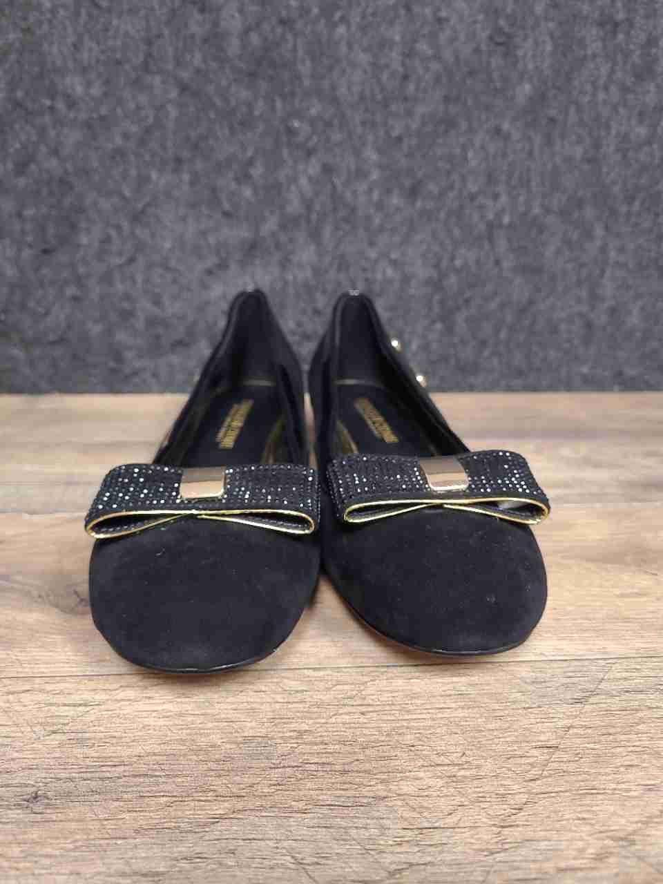 Things II Come Black Suede Rhinestone Bow Studded Heel Flats Women's Size 8.5 M