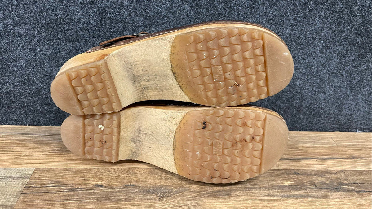 Vintage 90s J. Crew Brown Leather Wood Clogs Buckle Mules Slides Size 10