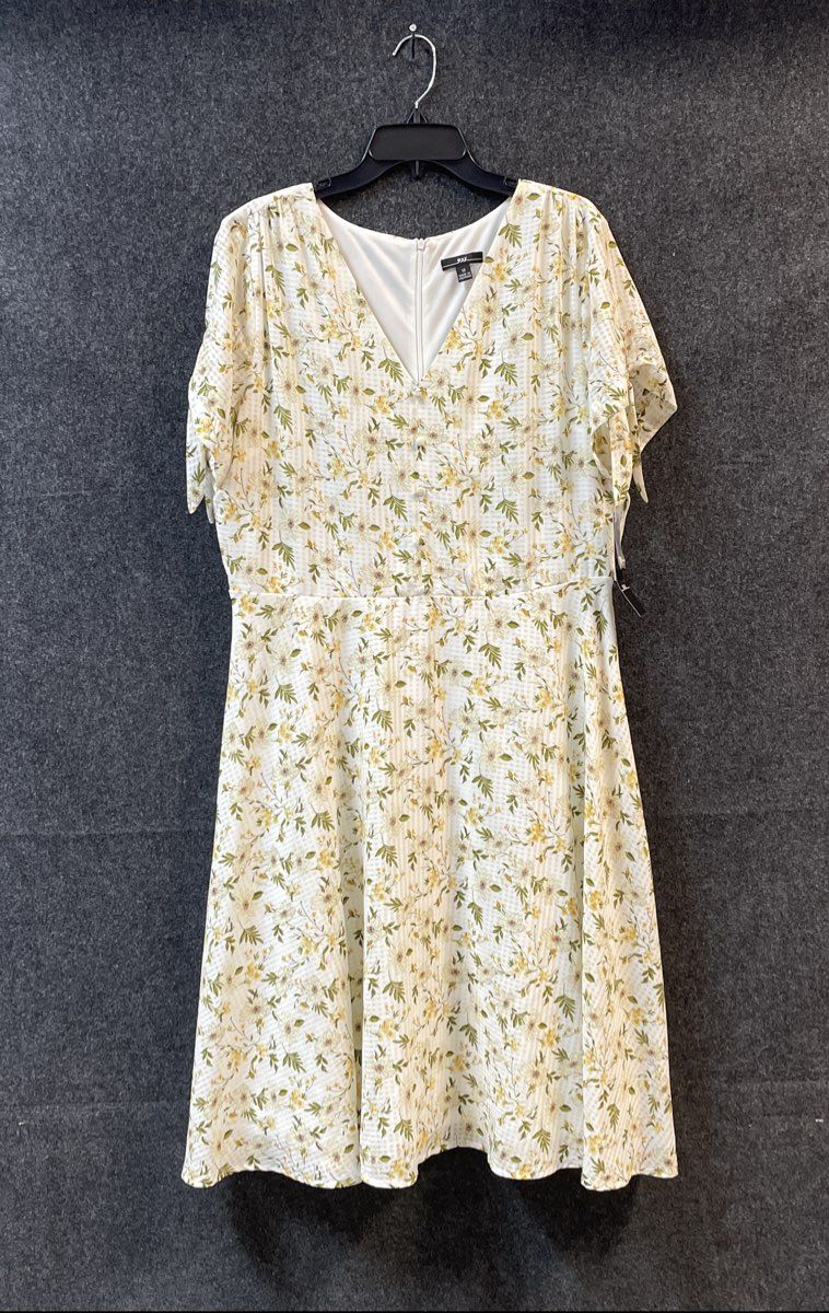 R&K Women's Ivory Yellow Floral V-Neck Short Sleeve A-Line Dress Sz 18 NWT