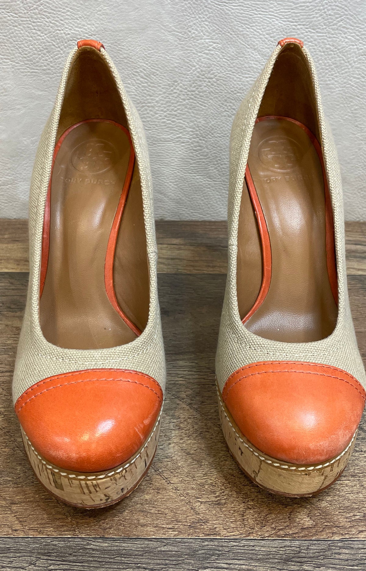 Tory Burch Canvas Orange Leather Toe Cork Platform Wedge Heels Size 7M