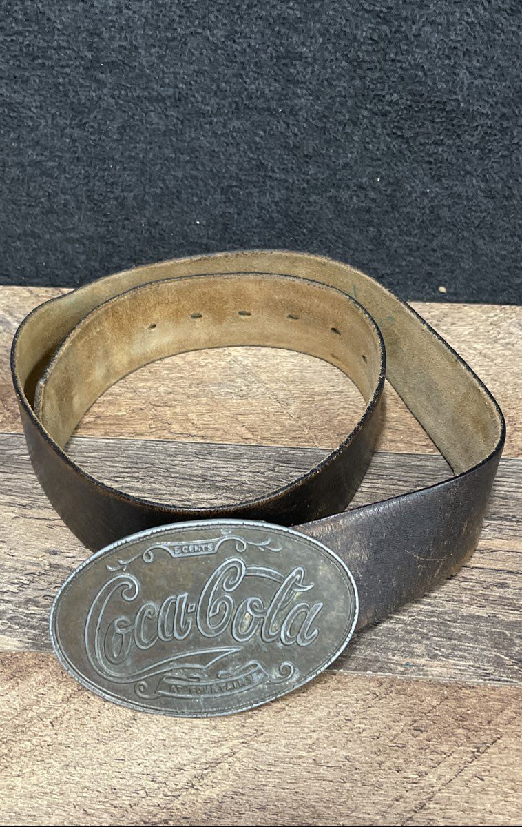 Vintage Coca-Cola Belt Buckle With Leather Belt Advertising 5 Cents Fountains