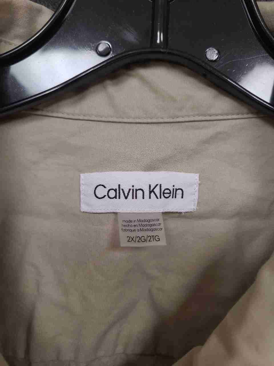 Calvin Klein Women's Beige Logo Tape Sleeve Button Down Shirt Tunic Sz 2X